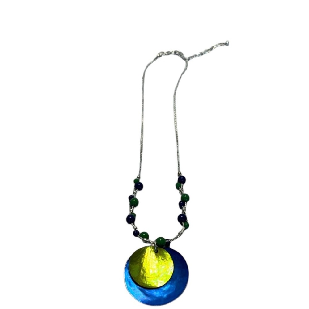 Blue & Green Disc Pendant w/blue and green beads on silver tone Chain